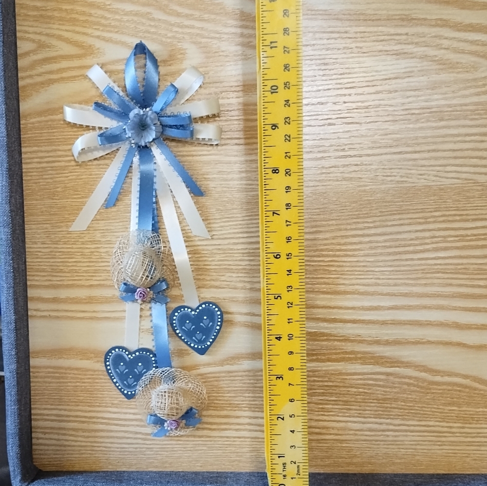 Blue and Cream Hanging Ribbon Decoration with Hearts and Hats